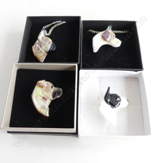 NEIL HARRIS DECORATIVE GLASS JEWELLERY; 2 PENDANTS W CHAINS & 2 BROOCHES - EACH IN INDIVIDUAL BOX...