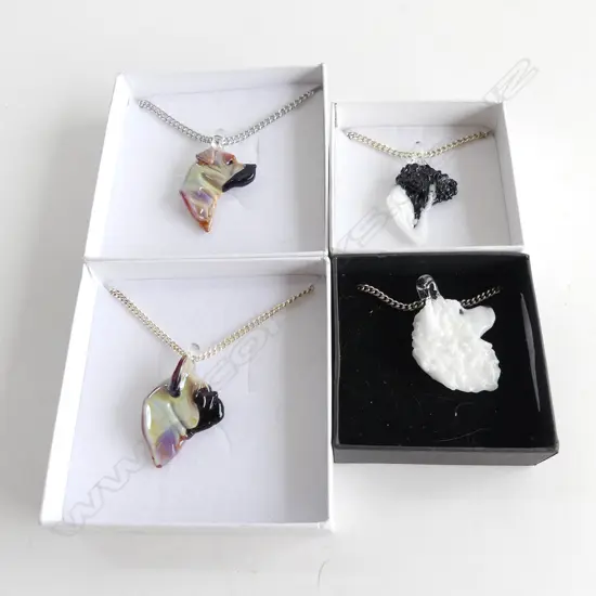 NEIL HARRIS DECORATIVE GLASS JEWELLERY; 4 PENDANTS WITH CHAINS  - IN INDIVIDUAL BOXES...