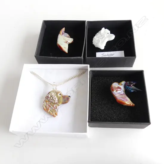 NEIL HARRIS DECORATIVE GLASS JEWELLERY; 1 PENDANT W CHAIN & 3 BROOCHES - EACH IN INDIVIDUAL BOX...
