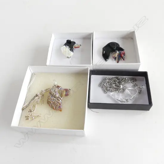NEIL HARRIS DECORATIVE GLASS JEWELLERY; 2 PENDANTS W CHAINS & 2 BROOCHES - EACH IN INDIVIDUAL BOX...