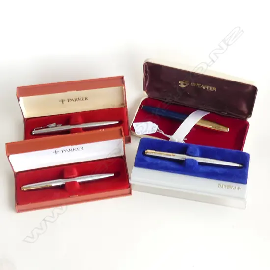 4 CASED PENS; 3x PARKER + SHEAFFER