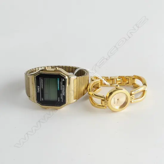 LADIES FAUX (?) GUCCI WATCH + MENS TIMEX DIGITAL WATCH - BOTH NOT WORKING