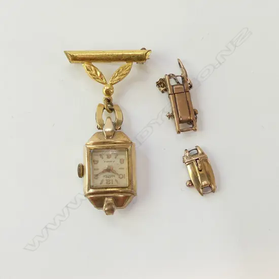 9CT CATCHES FOR WATCHES + VINTAGE MIZPAH BROOCH WATCH