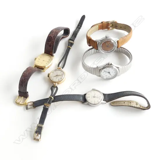 4 VINTAGE LADIES LEATHER STRAP WATCHES INCL SEIKO/OMEGA ETC