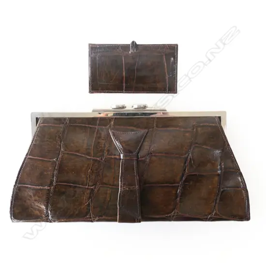 VINTAGE CROCODILE CLUTCH BAG WITH MATCHING VANITY MIRROR, 320 x 160mm