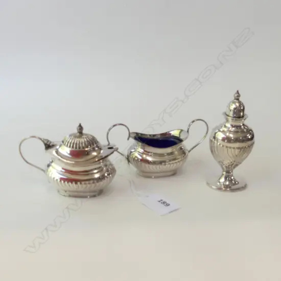SILVER PLATE 3 PC CRUET ; BLUE GLASS LINED MUSTARD POT (+SPOON) & SALT DISH + PEPPER SHAKER