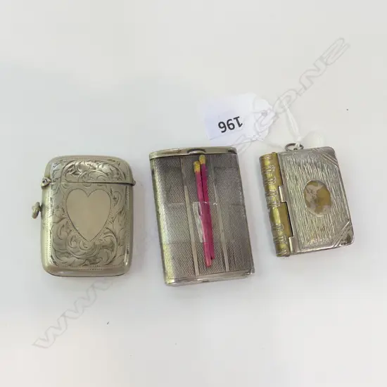 3 ANTIQUE SILVER PLATE VESTA CASES, ONE WITH STAMP COMPARTMENT