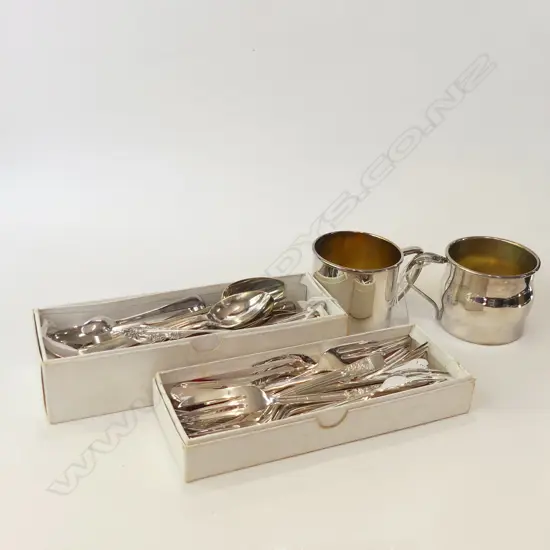 2 SM BOXES ASST SM CUTLERY INCL COMMUNITY PLATE CAKE FORKS + 2 CHRISTENING MUGS