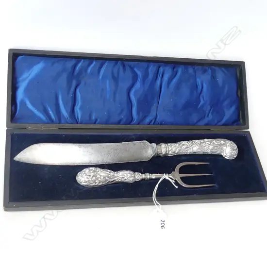 STG SILVER KNIFE & FORK SERVING SET WITH ORNATE HANDLES IN CASE - B'HAM 1905 L 370MM