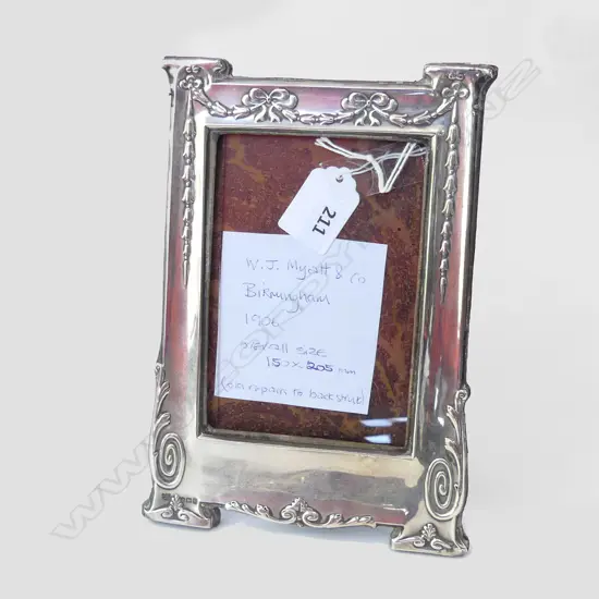 STERLING ART NOUVEAU PHOTO FRAME W.J. WYATT & CO BIRMINGHAM 1906 OVERALL SIZE 150 x 205mm OLD REPAIRS TO BACK STRUT