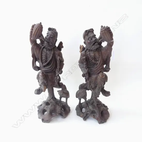 PR ORIENTAL CARVED WOODEN OLD MAN FIGURE WITH ROOSTER A/F H 350MM