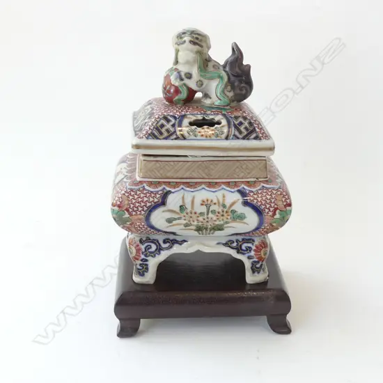 ORIENTAL INCENSE BURNER WITH DRAGON TOP LID - ON WOODEN STAND H 205MM