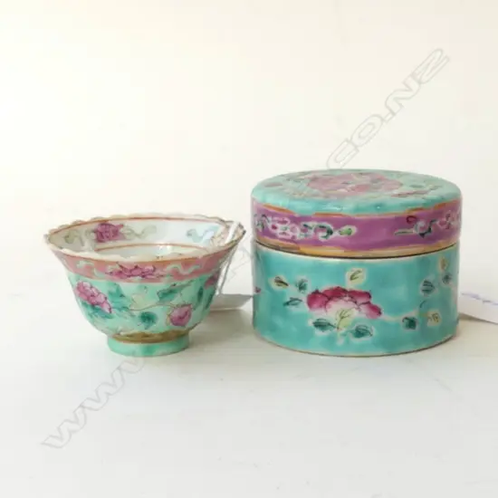 2 ANTIQUE CHINESE NONYA WARE PCES: small LIDDED BOX Dia.70mm + TEA BOWL. some chips