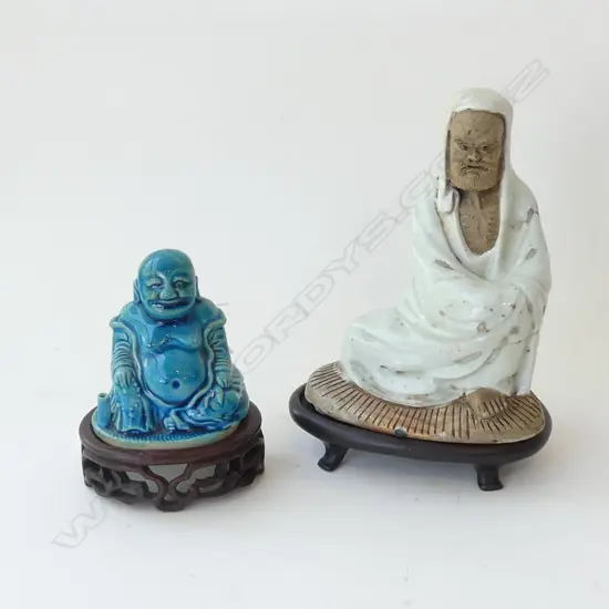 TURQUOISE GLAZE BUDDHA FIGURE ON WOODEN STAND (H 115MM) + 1 OTHER (H 175MM)