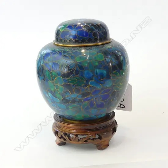 BLUE CLOISONNE LIDDED GINGER JAR ON STAND H.130mm
