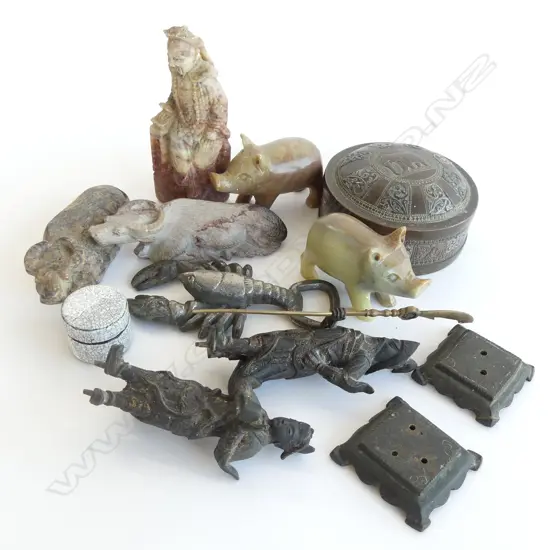 COLLECTION OF ORIENTAL ITEMS; 3 FIGURES; 4 CARVED STONE ANIMALS, LIDDED BOX ETC