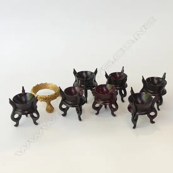 7 SM ORIENTAL WOODEN STANDS FOR ORNAMENTAL EGGS + 1 GILT STAND 