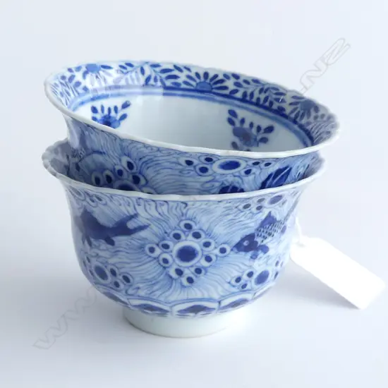 PR ORIENTAL B/W TEA BOWLS KANGXI MARKS 85mm dia