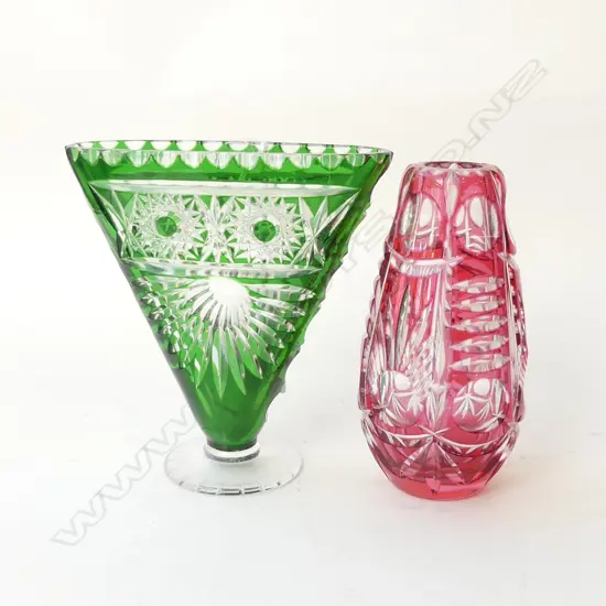 TWO VINTAGE BOHEMIAN CRYSTAL CUT VASES; 1 RED & 1 GREEN H.160MM