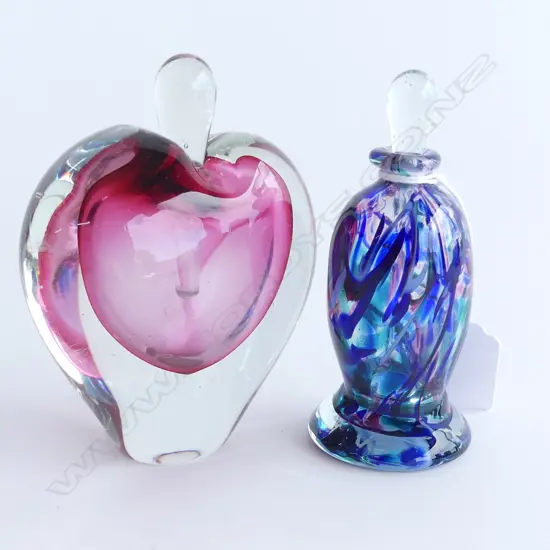 2 ART GLASS PERFUME BOTTLES; SEAL ISLAND & LOVE HEART H.100mm