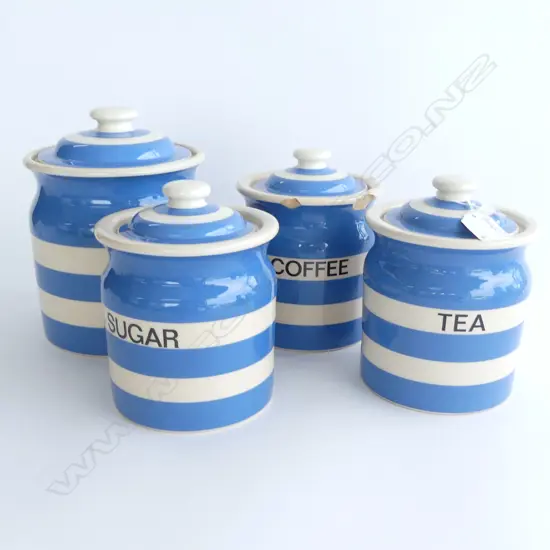 4 T. G. GREEN CORNISHWARE LIDDED CONTAINERS; COFFEE (AF), SUGAR, TEA & UNMARKED H.200mm