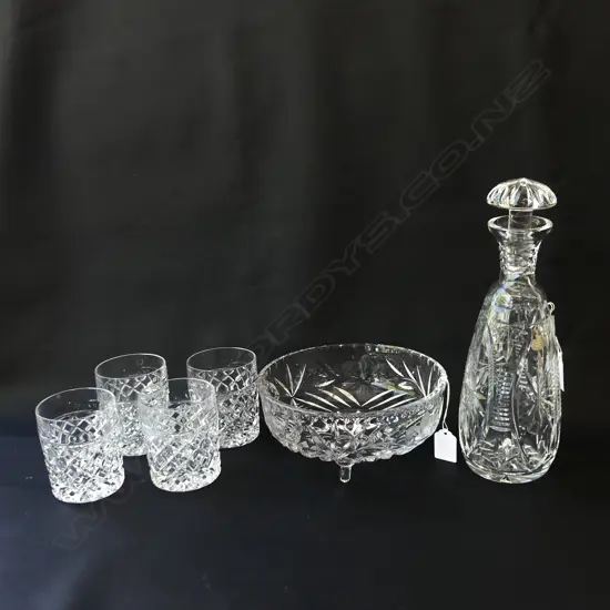 CRYSTAL FOOTED BOWL + DECANTER + FOUR WHISKY TUMBLERS