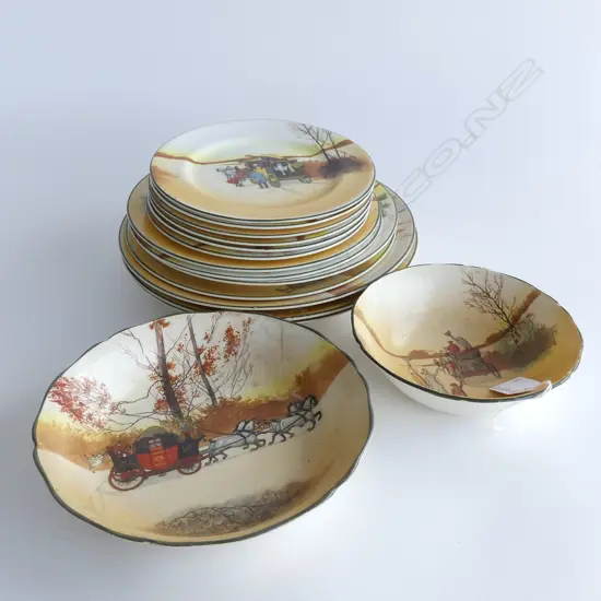 16 PCES ROYAL DOULTON 'COACHING DAYS'; 7 ASST. PLATES, 7 SIDE PLATES, 2 BOWLS - SOME AF