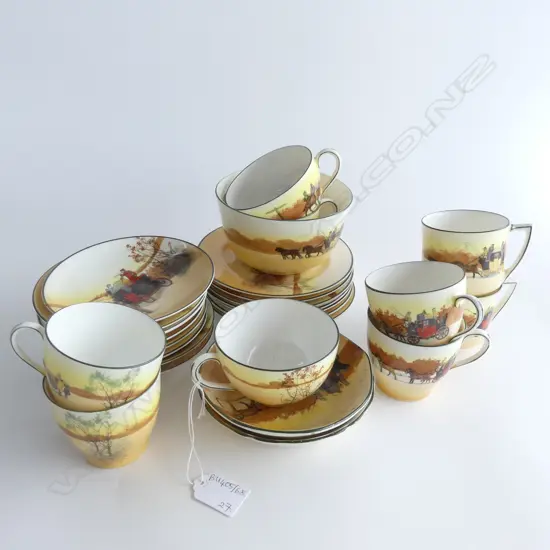ASST ROYAL DOULTON 'COACHING DAYS' PART TEA SERVICE; 9 CUPS, 8 SAUCERS,+CAKE PLATE