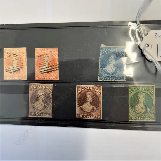 6x rare 1855 NZ FULL FACE QUEENS IMPERF USED: 2x 1d. 2d. 3d. 6d. & 1/- GREEN