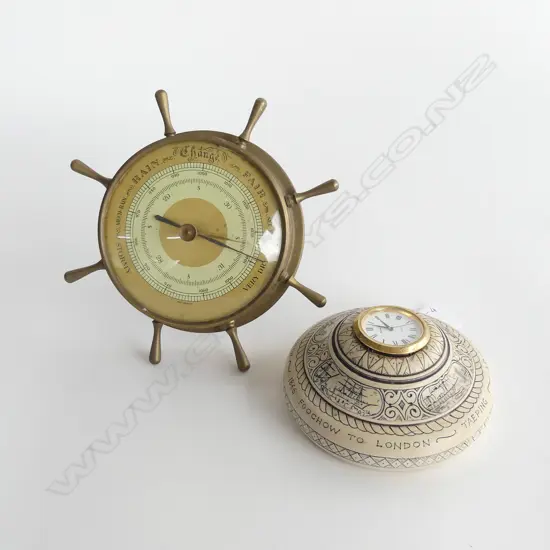 OLD BRASS DESK SHIPS WHEEL BAROMETER (DIA 150MM) + REPLICA 1866 FOOCHOW TO LONDON SOUVENIR DESK CLOCK (DIA 110MM)