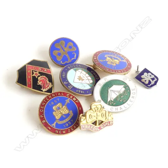9 VINTAGE ENAMELLED BADGES. GIRL GUIDES + HAMILTON H.S.O.G.A. ETC