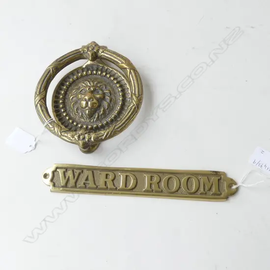 BRASS LION DOOR KNOCKER 135mm dia + 'WARD ROOM' PLAQUE