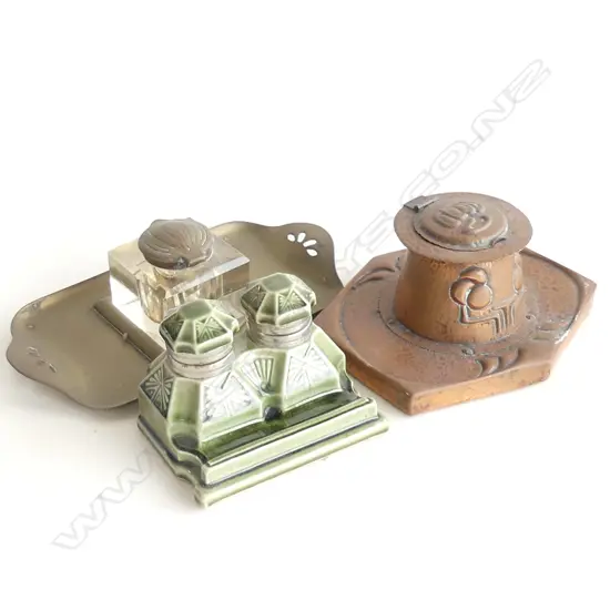 3 OLD INKWELLS: 2 ART NOUVEAU BRASS & COPPER + GREEN PORCELAIN DBLE