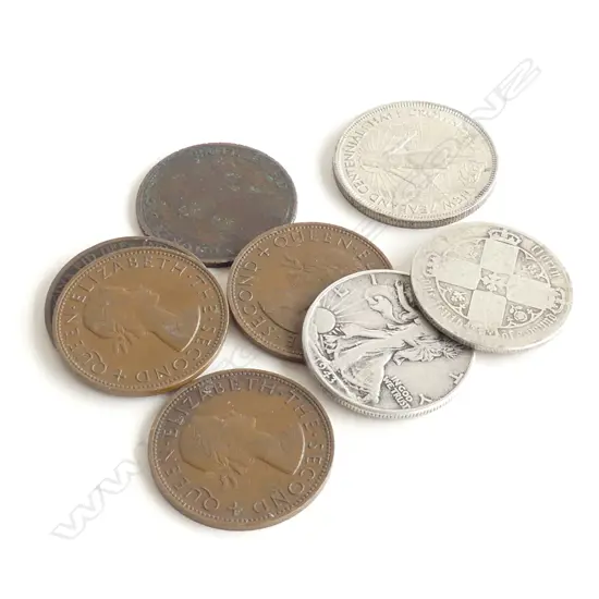 8 SILVER & COPPER COINS: 5 COPPER PENNIES + 1943 HALF $1 ETC