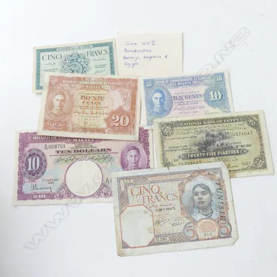 SIX WW2 BANK NOTES MALAYA, ALGERIA, EGYPT.