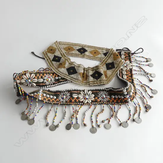 LADIES DECORATIVE BELT  - BAND WITH SHELLS, BEADS, COINS & CROSS STITCH + WIDE ELASTICATED BEADED BELT