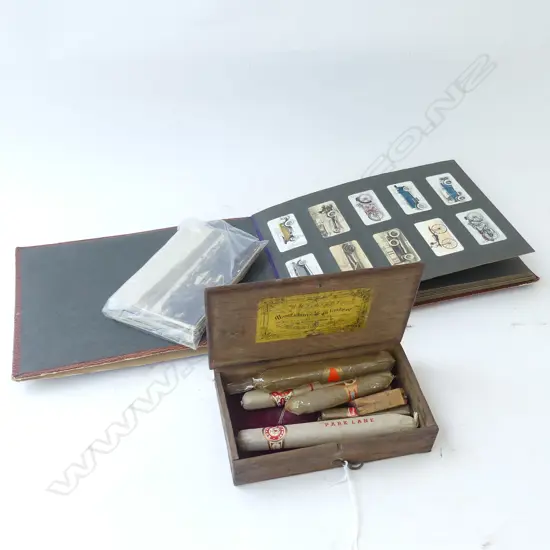 LOT OF OLD POSTCARDS + ALBUM OF CIGARETTE CARDS NOT FULL + WOODEN BOX WITH CIGARS