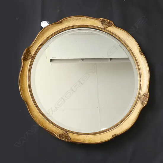 CRACKLE GLAZE & GILT ROUND BEVELLED WALL MIRROR DIA 470MM