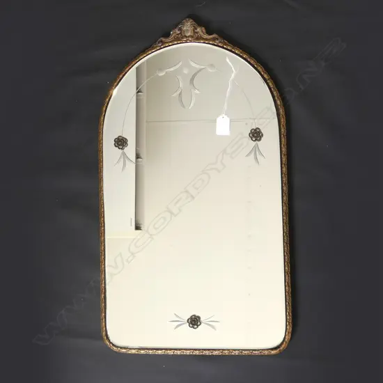 ART NOUVEAU GILT FRAMED BEVELLED MIRROR - DECORATIVE DESIGNS ON MIRROR  615 X 350MM