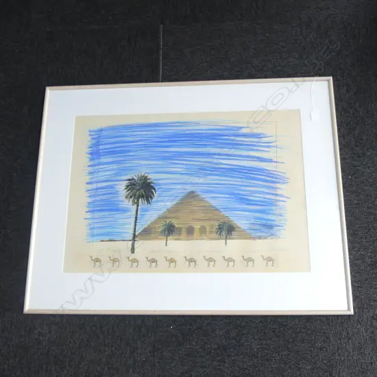 RICHARD POLTON '10 CAMELS, 3 DATE PALMS & A PYRAMID' PASTEL 530x760mm