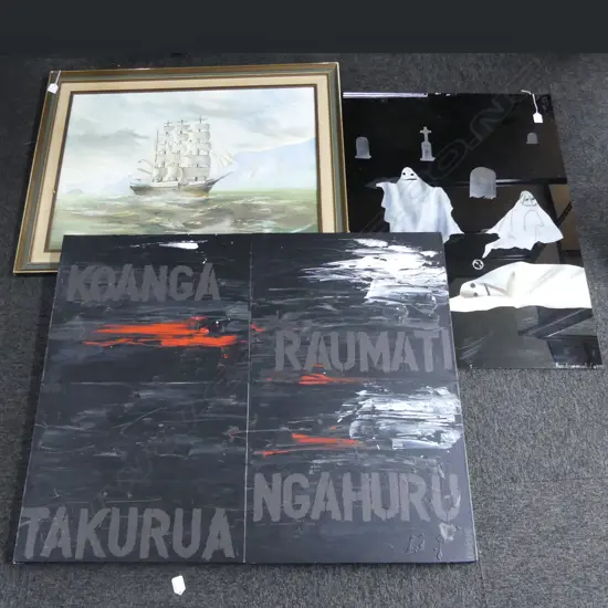 3 ARTWORKS; 'SEASONS' SIGNED BORRIE 815x1015mm, ALAN DRUMMOND GHOSTS ACYRLIC, RON PRESTNEY OIL