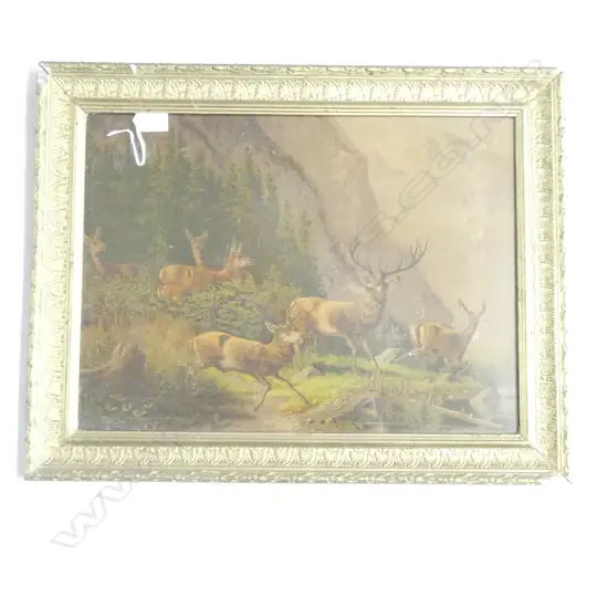 EARLY 20thC DEER PRINT, GILDED FRAME 340x460mm