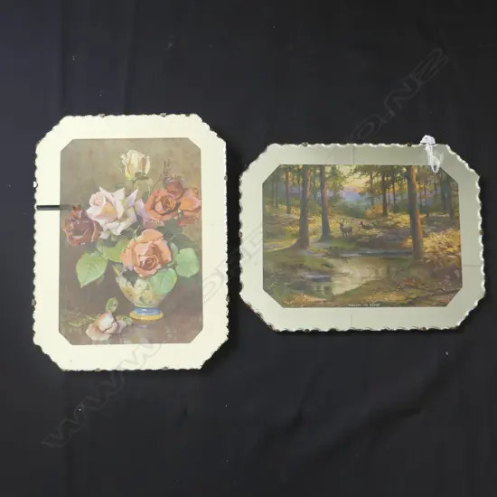 PR WOOD BACKED BEVELLED MIRROR FRAMED PRINTS; 'THROUGH THE GLADE' & STILL LIFE ROSES 305 X 390MM