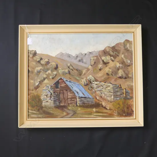 HILDA RIVERS 'OLD MINING HUTS LOWBURN CENTRAL OTAGO' OIL 1964 395x495mm