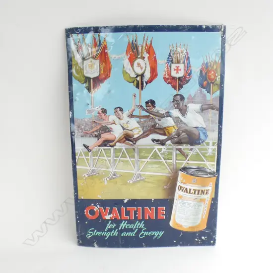 VINTAGE OVALTINE ADVERTISING TIN SIGN - MADE IN ENGLAND L 460MM
