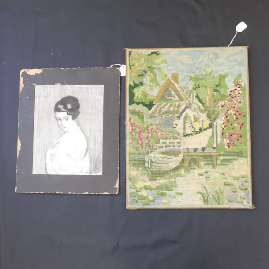 P CHARMAN MOUNTED  CHALK / PENCIL ETCHING PORTRAIT - SIGNED 1921 (220 X 285MM) VINTAGE TAPESTRY (400 X 510MM) 