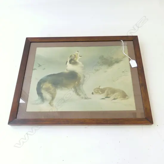 VINTAGE OAK FRAMED PRINT - HOWLING DOG & LAMB 290 X 390MM