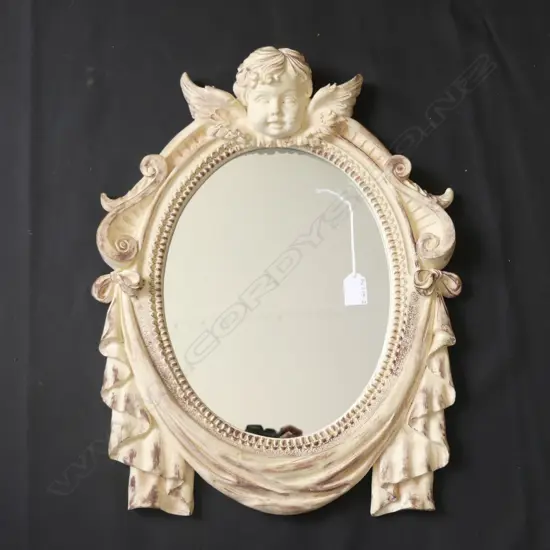 OVAL WALL MIRROR WITH DESTRESSED FRAME WITH ANGEL & SWAGS  500 X 400MM