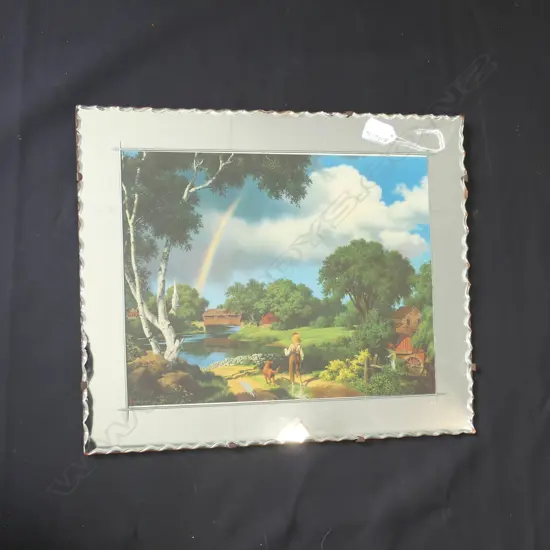 BEVELLED MIRROR FRAMED PRINT - FARM & RAINBOW SCENE  460 X 380MM