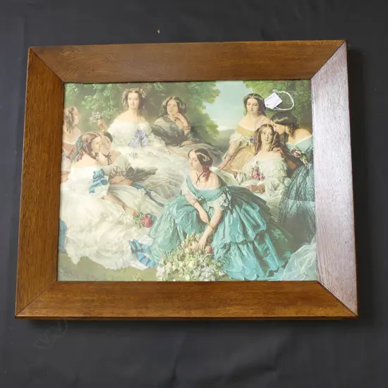 LG VINTAGE OAK FRAMED PRINT - GROUP OF LADIES IN PERIOD COSTUMES  490 X 390